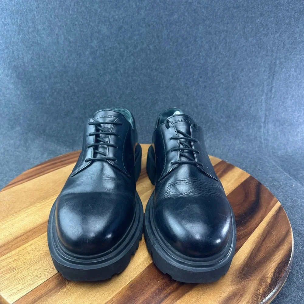 AllSaints Mens Black Leather Chunky Lug Sole Derby Jarred Shoes EU 44 US 11